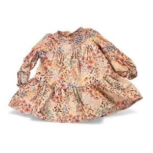 Long Sleeve Tiered Dress Peach with Multicolored Floral Design 2T